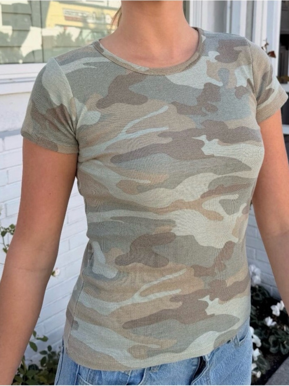 Brandy Melville Hallie Camo Short Sleeve Tee - Green, Beige